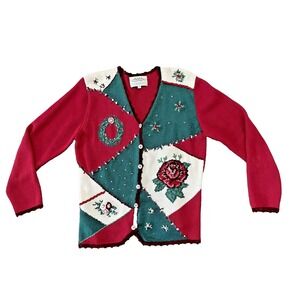 Vtg Y2K Susan Bristol Hand Embroidered Christmas Sweater Wreath Flowers Sz M